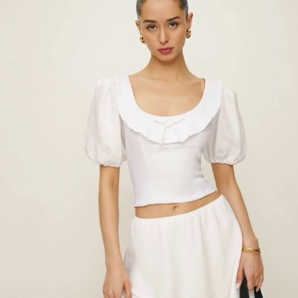 Reformation White Ruffled Scoop-Neck Puff Sleeve Crop Top